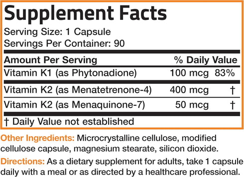 Bronson Vitamin K Triple Play | Full Spectrum Complex Vitamin K Supplement (K2 MK7, K2 MK4, K1) | 90 Capsules