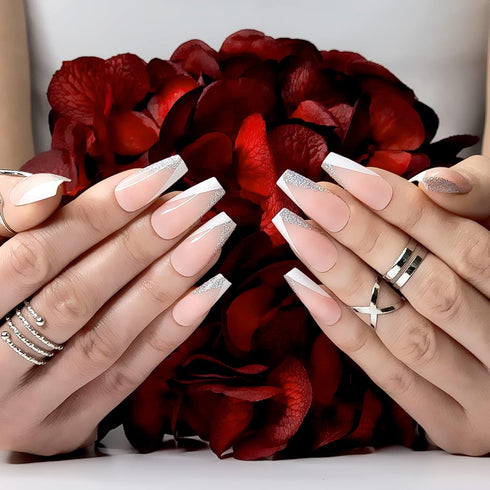 Hypnaughty 24 Pcs Modern Glittery French Luxury Coffin Press On Nails with Holographic Design