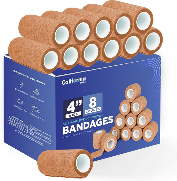 Self-Adhesive Bandage Wrap - 4 Inch, 8 Pack, Breathable Athletic Tape for All Sports - Brown