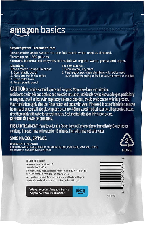 Amazon Basics Septic Treatment Pouch, Unscented, 0.63 oz (Pack of 3), 3 Month Supply, 1.9 oz