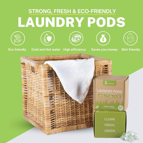 Eco Friendly Laundry Detergent Pods, 64 Pacs, Powerful Stain and Odor Removal, Biodegradable, HE Compatible
