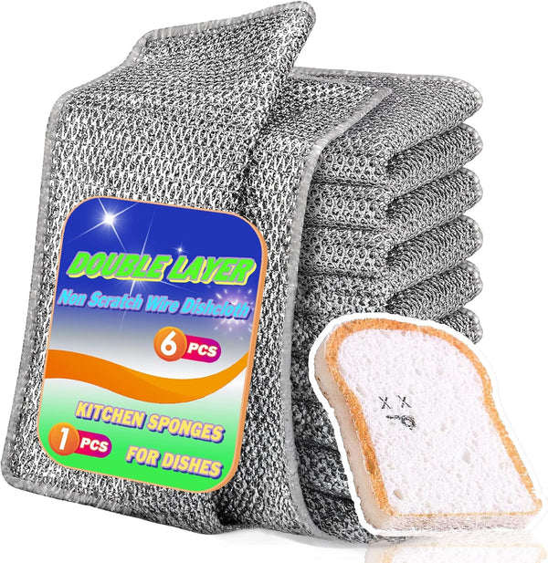 6 Pack Non Scratch Wire Dishcloth with 1 Kitchen Sponge, Powerful Cleaning Cloth for Cookware