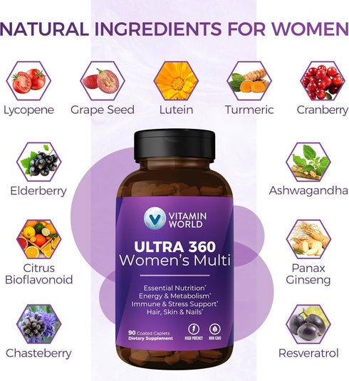 Vitamin World Ultra 360 Multivitamin for Women, with Herbs & Collagen for Hair, Skin & Nails, Supplement with Iron,