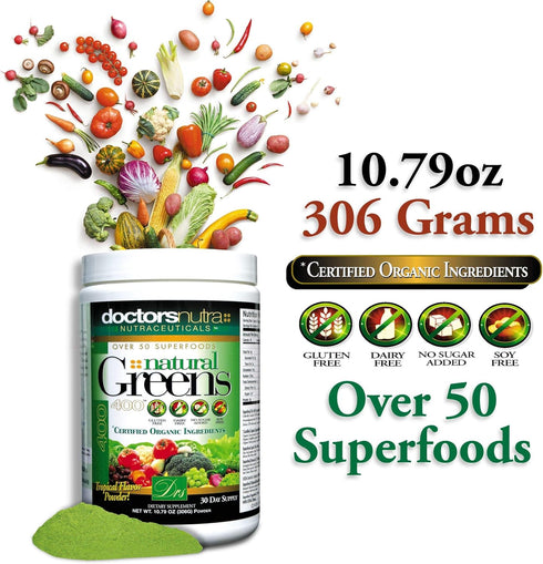 Natural Greens Juice Drink - Super Food by Doctors Nutra, 10.79 Ounces with 50 Vegetarian Plant-Based Superfoods