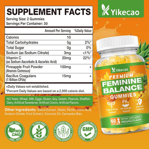 Yikecao Gummies Gummies Immune 60 Count Premium Feminine Balance for Women, Pineapple for Women Ph Balance & Vaginal