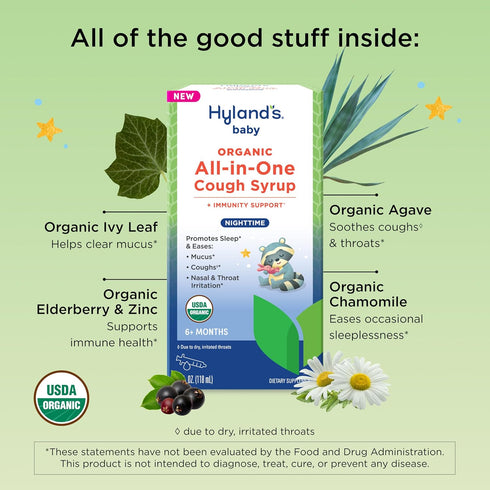Immune 4 Oz Hyland's Baby Organic All in One Nighttime Cough Syrup + Support with Elderberry, Vitamin C, Zinc