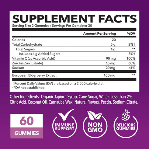 Sambucus Black Elderberry Gummies for Adults | Powerful Antioxidants Packed in Elderberry with Zinc and Vitamin C | Elderberry Vitamins with Elderberry Extract to Help Boost Immune Support | 60 Count