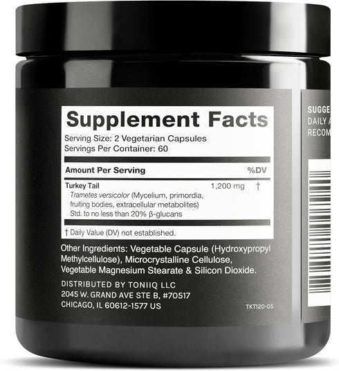 Toniiq 20% 120 Turkey Tail Mushroom Capsules - Ultra High Potency with Beta Glucans - Highly Concentrated - Third-Party