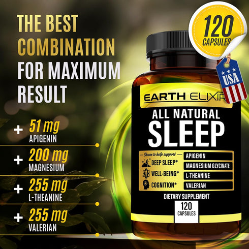 4-in-1 Sleep Aid (120 Caps) with Apigenin 50mg, Magnesium Glycinate 200mg, L Theanine 250mg & Valerian Root