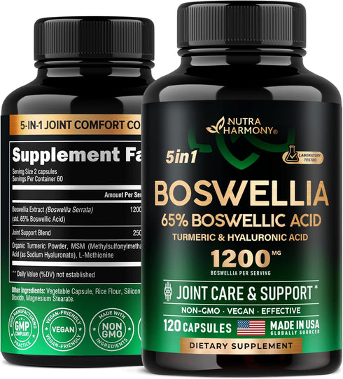 Boswellia Extract Capsules 1200mg - Joint Comfort & Health Support with Turmeric, Hyaluronic Acid, MSM & L-Methionine
