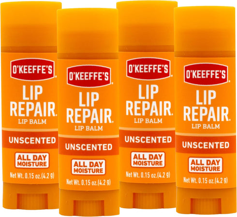 O'Keeffe's Unscented Lip Repair Lip Balm, Dry Cracked Lips, Stick, Pack of 4