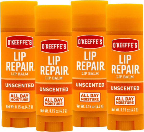 O'Keeffe's Unscented Lip Repair Lip Balm, Dry Cracked Lips, Stick, Pack of 4