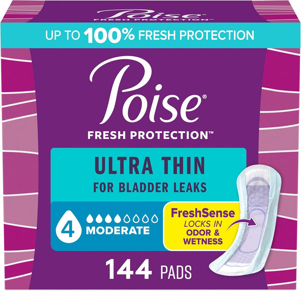 Poise Ultra Thin Incontinence Pads & Postpartum Pads for Bladder Leaks, 4 Drop Moderate Absorbency, 144 Count
