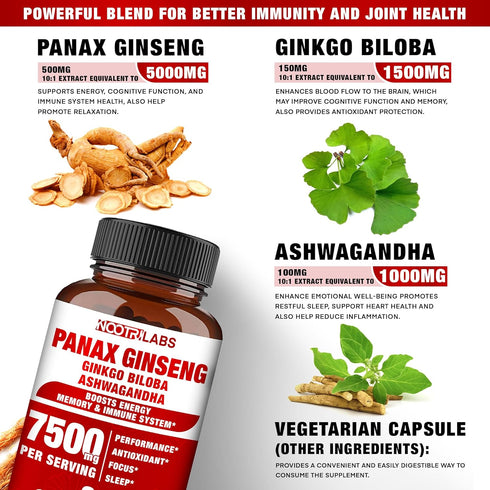 Korean Red Panax Ginseng 7500mg with Ginkgo Biloba & Ashwagandha - Energy, Memory & Immune Support Supplement - 90