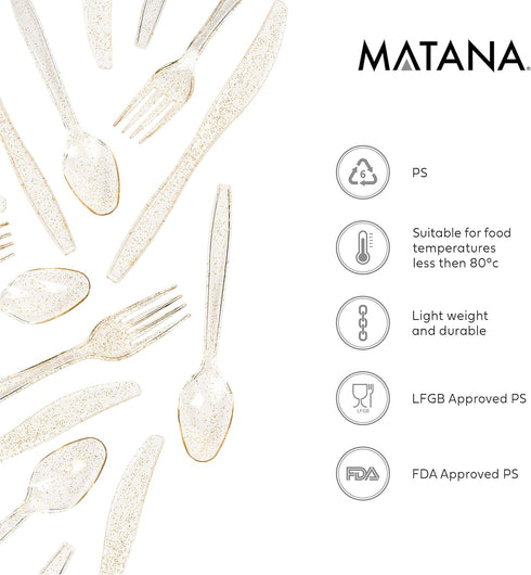MATANA 150 pc Gold Plastic Silverware Set with Gold Glitter, Heavy Duty Clear Plastic Cutlery for Events