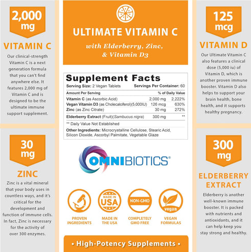 OmniBiotics Ultimate Vitamin C 2000 mg with full servings of Zinc, Elderberry, & Vitamin D3 - Advanced Immune Support & Antioxidant Supplement - 120 vegan tablets