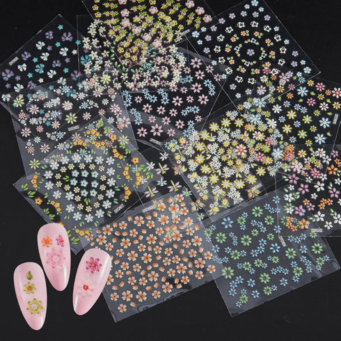 WOKOTO 50Pcs Self-Adhesive 3D Flower Nail Stickers, Floral Nail Decals for Women, Girls, Kids Nail Art with Tweezers