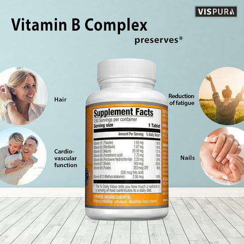 Vitamin B-Complex, 180 Vegan Tablets, All B Vitamins Including B12, for Stress, Energy, and Healthy Immune System
