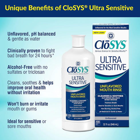 CloSYS Ultra Sensitive Mouthwash, Unflavored, Alcohol Free, Dye Free, pH Balanced - 32 Oz (Pack of 3)