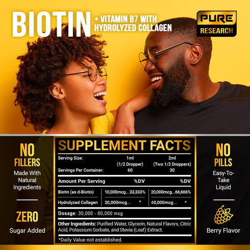 PURE RESEARCH Liquid Biotin & Collagen Hair Growth Drops, 60,000mcg, 2oz - Biotin & Liquid Collagen Supplement