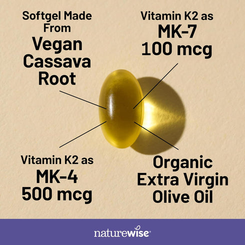 K2 600mcg MK-7 100mcg MK-4 500mcg -90 Softgels[3-Month NatureWise Vitamin Supplement with & - Enhanced Bioavailable