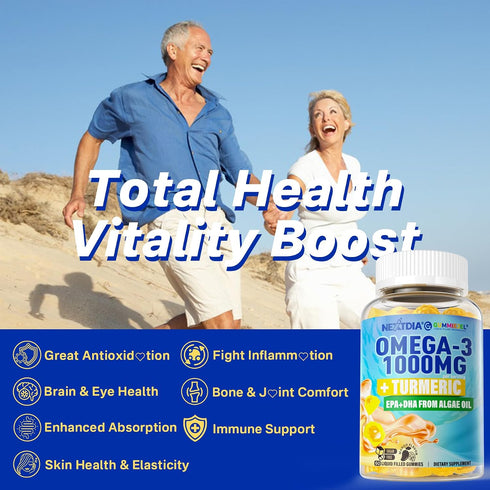 Omega-3 Gummies 1000mg 3 600mg 300mg, 60 Vegan + Turmeric - Omega Fish Oil Alternative for Adults - Algae DHA & EPA