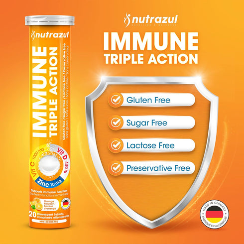 nutrazul Immune Triple Action Effervescent Tablet - 1000 mg Vitamin C, Vitamin D, Zinc, Orange 20's (Pack of 3), Gluten