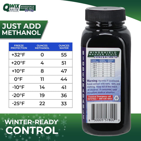 Qwix Mix 1 55 100% Commercial Windshield Washer Fluid Concentrate, Bottle Makes Gallons - Biodegradable Grime & Dirt