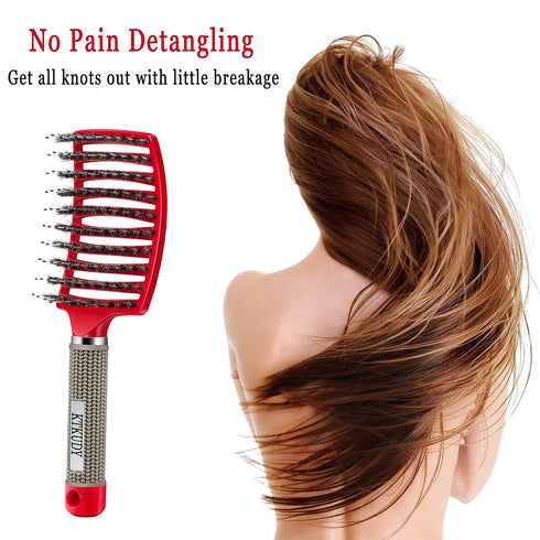 KTKUDY Detangling Hair Brush - Boar Bristle & Tangle-Free Design for Kids, Women, and Men, Pain-Free Styling (Red)