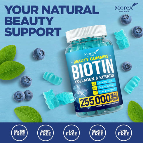 Hair Vitamins Natural Gummies - Biotin Multivitamin for Hair, Skin & Nails with Collagen & Keratin, Anti Aging Collagen