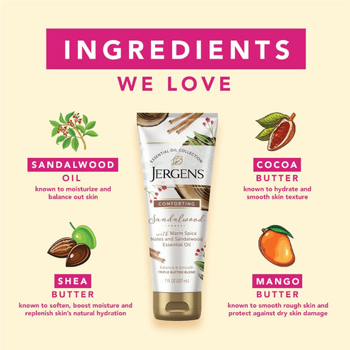 Jergens Sandalwood Body Butter Lotion, Moisturizer with Sandalwood Essential Oil for All Skin Types, 7 Fluid oz