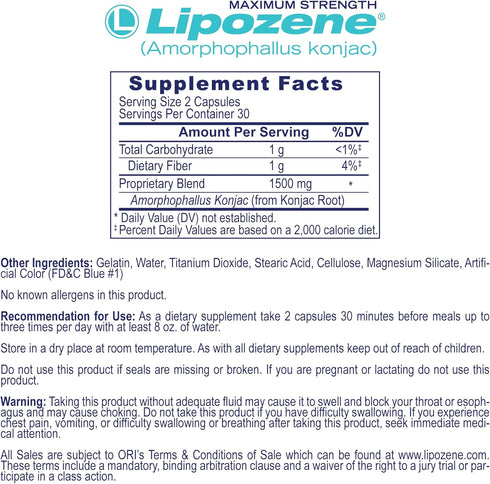 Lipozene Diet Pills - Weight Loss Supplement, Appetite Suppressant, 1 Bottle of 60 Capsules, 30 Servings, No Caffeine