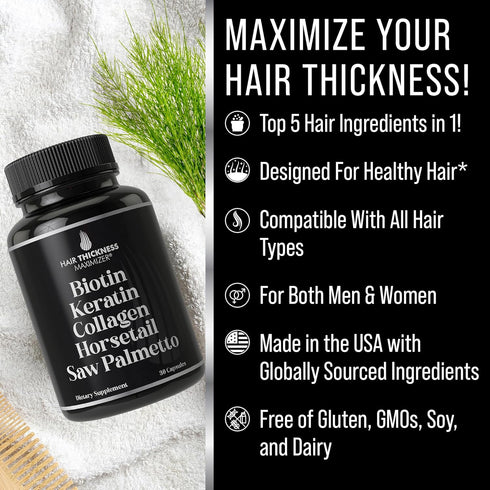Biotin + Keratin + Collagen + Horsetail + Saw Palmetto. Advanced 5-in-1 Hair Growth Supplement for Women and Men. Hair Vitamins, DHT Blocker Pills. Capsules for Thinning Hair with Biotin 5000mcg