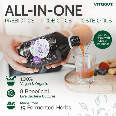 Liquid Probiotic, Prebiotics & Postbiotics 3-in-1 Organic, Live Probiotics for Women & Men - Probiotics for Digestive Health, 50 Billion CFU, 19 Fermented Herbs, Vegan Probiotic for Gut Health