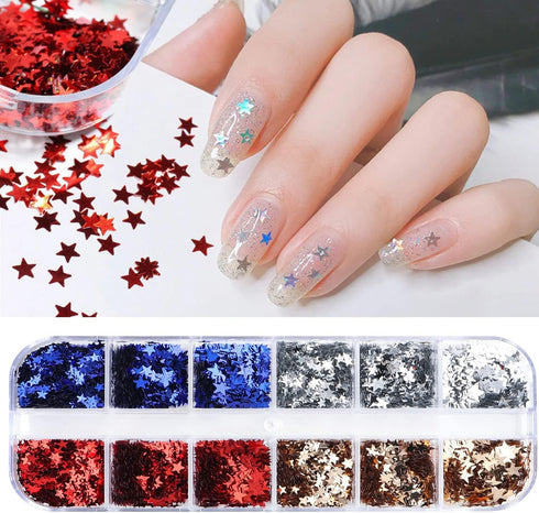 Independence Day Nail Art Glitter Flakes, 12 Grids Mixed Blue Red Sequins for USA Nail Decorations