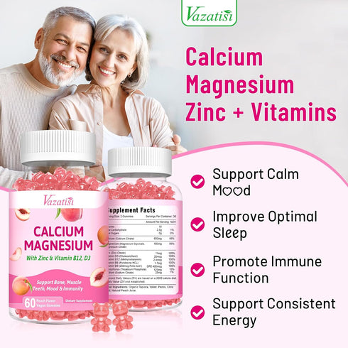 2 Pack Calcium Magnesium Zinc Gummies with Vitamin D3 & B12, Sugar Free, Vegan Peach Flavor Calcium Supplements for