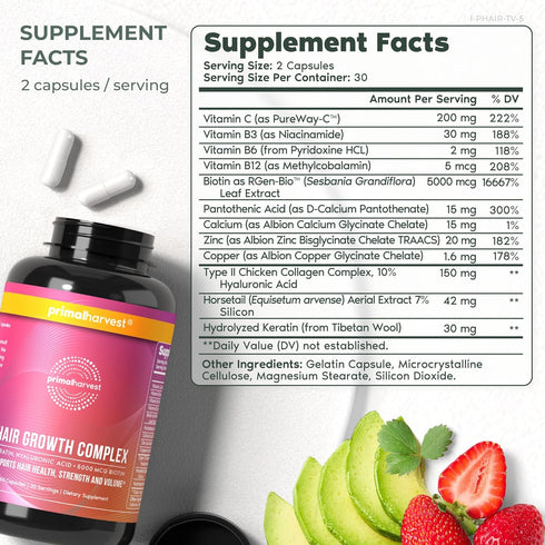 Primal Harvest Hair Growth Vitamins for Women & Men, 60 Pills, Natural Hair Thickening with Biotin & Zinc