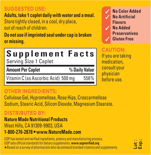Nature Made Vitamin C 500 mg with Rose Hips | 130 Caplets | Dietary Supplement for Immune Support
