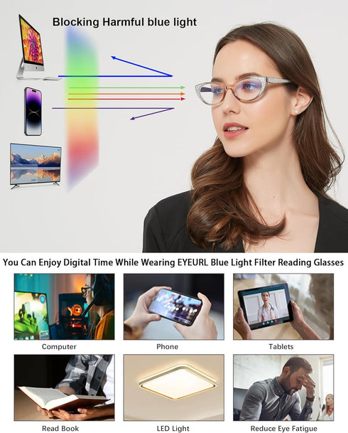 EYEURL Cat Eye Reading Glasses for Women, Blue Light Blocking 3 Pack Computer Readers 1.75 with Spring Hinge