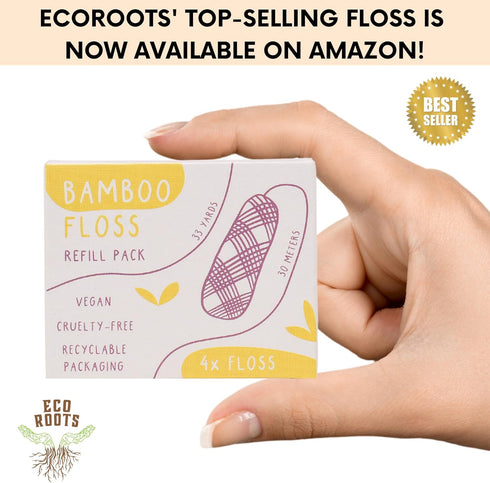 ECO ROOTS Organic Bamboo Floss Refill x4 Rolls, Eco Friendly Dental Charcoal Floss, Reusable Flosser, Vegan Bamboo