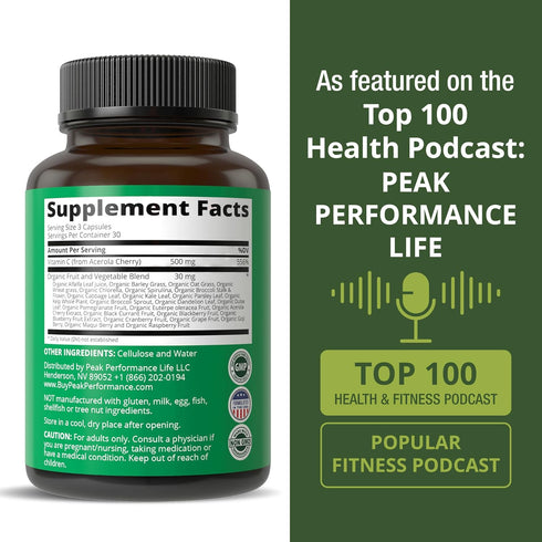 Peak Performance Raw Whole Food Natural Vitamin C Capsules from Acerola Cherry, Vegan USA Sourced, 90 Pills, 500 mg