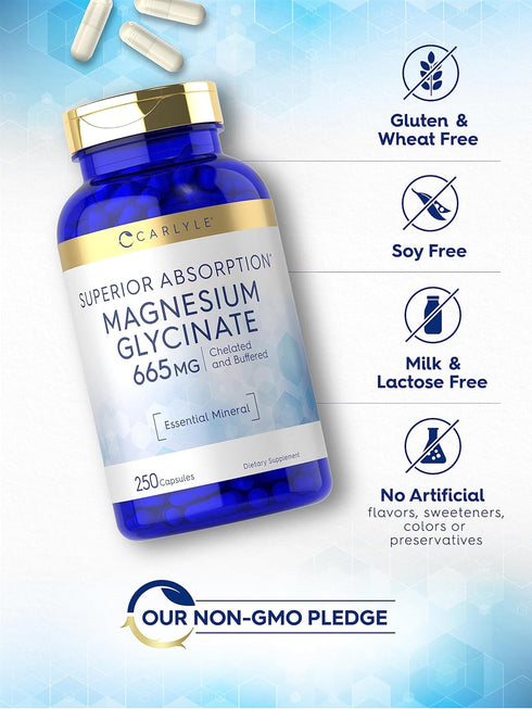 Carlyle Magnesium Glycinate, 665 mg, 250 Capsules, Non-GMO, Gluten Free Buffered Mineral Supplement