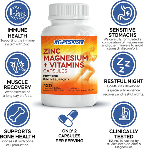 Magnesium Zinc Supplement with Vitamins B6, B9, High Absorption for Immune Support, 120 Capsules.