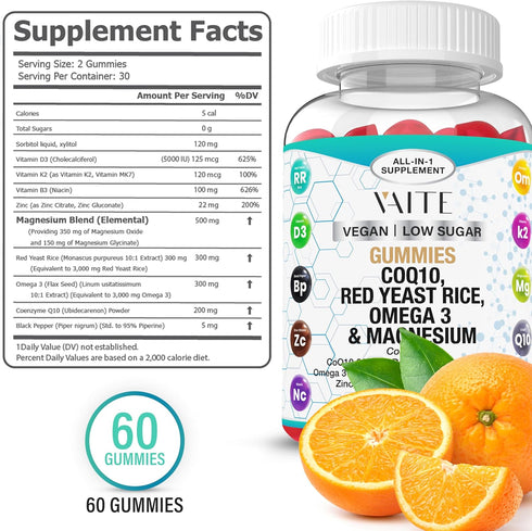 Coq10 Gummies Red Yeast Rice Magnesium Gummy Supplements Omega 3 Niacin Zinc Vitamin K2 D3 B3 - Heart Health Support Vitamins for Women and Men, Adult and Kids - 60 Chews