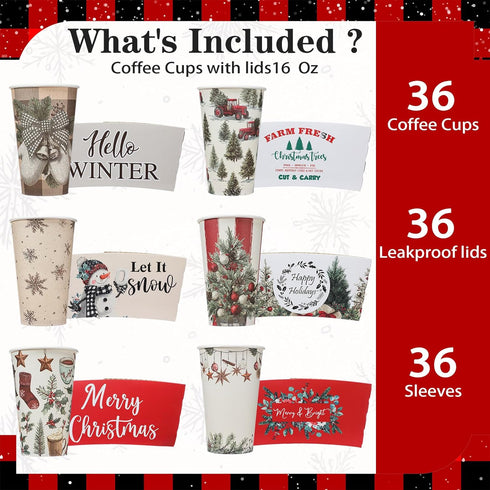 Suttmin 36 Sets/ 108 16 oz Pcs Christmas Tree Paper Cups Disposable Coffee Cups with Lids and Sleeves Xmas Hot Cocoa