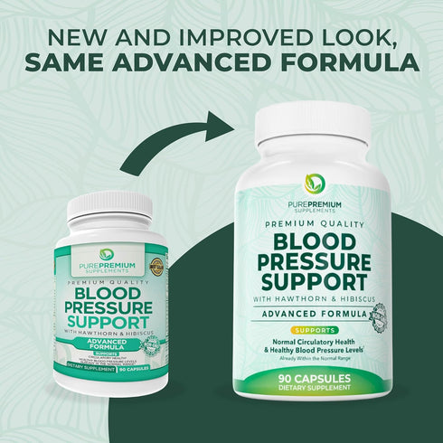 PurePremium Blood Pressure Supplements - Nitric Oxide Support with Hawthorn Berry, Hibiscus, Garlic & Vitamin B12 - 90ct