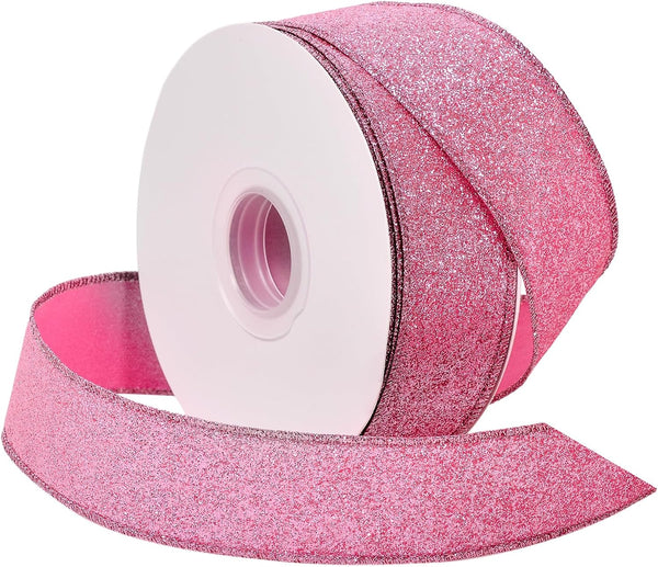 YAMA Glitter Wired Ribbon, Pink, 1-1/2 inch x 20 Yards for Christmas, Gift Wrapping, Wreath, Crafts, Party