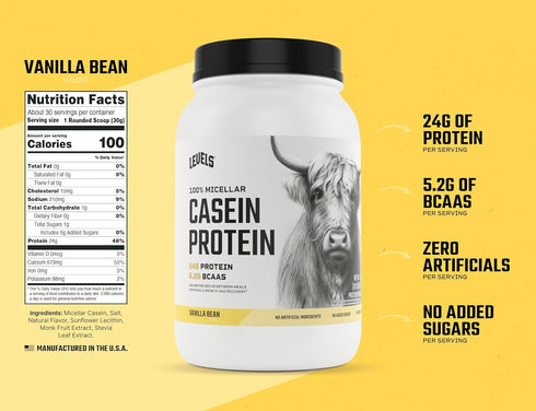 Levels 100% Micellar Casein Protein - Vanilla Bean - 2LB - Hormone Free
