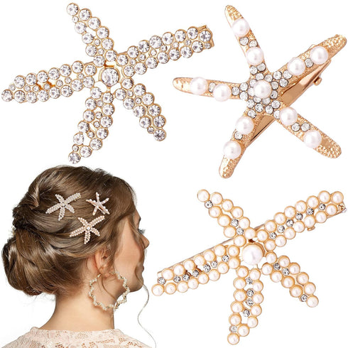 PAGOW 3 PCS Starfish Hair Clips - Gold Rhinestone Pearls Crystal Hair Accessories for Women