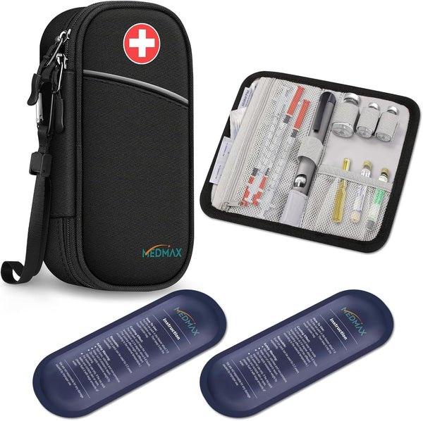 Insulin Cooler Travel Case with 2 Ice Packs, Water Resistant Insulated Diabetic Medication Organizer Bag (Black)